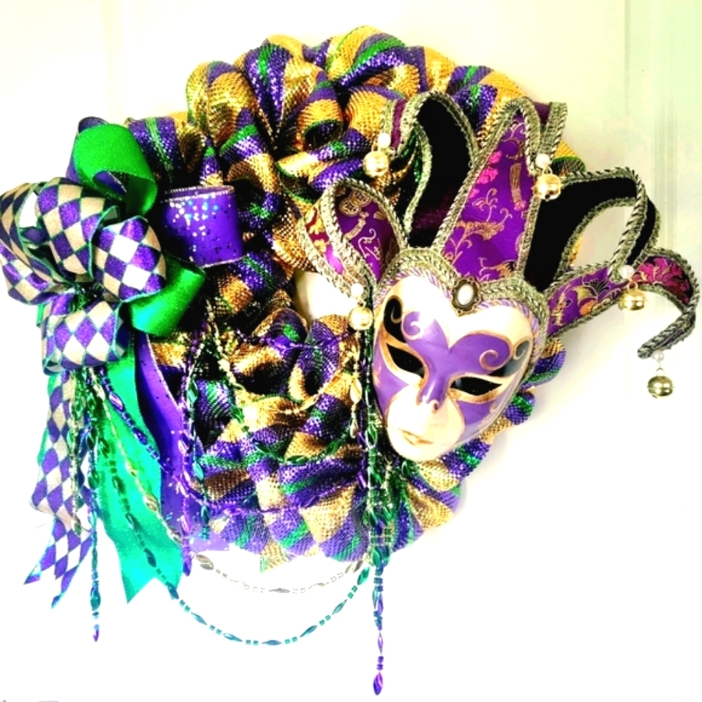 Mardi Gras Wreath Deco Mesh Bow Mask